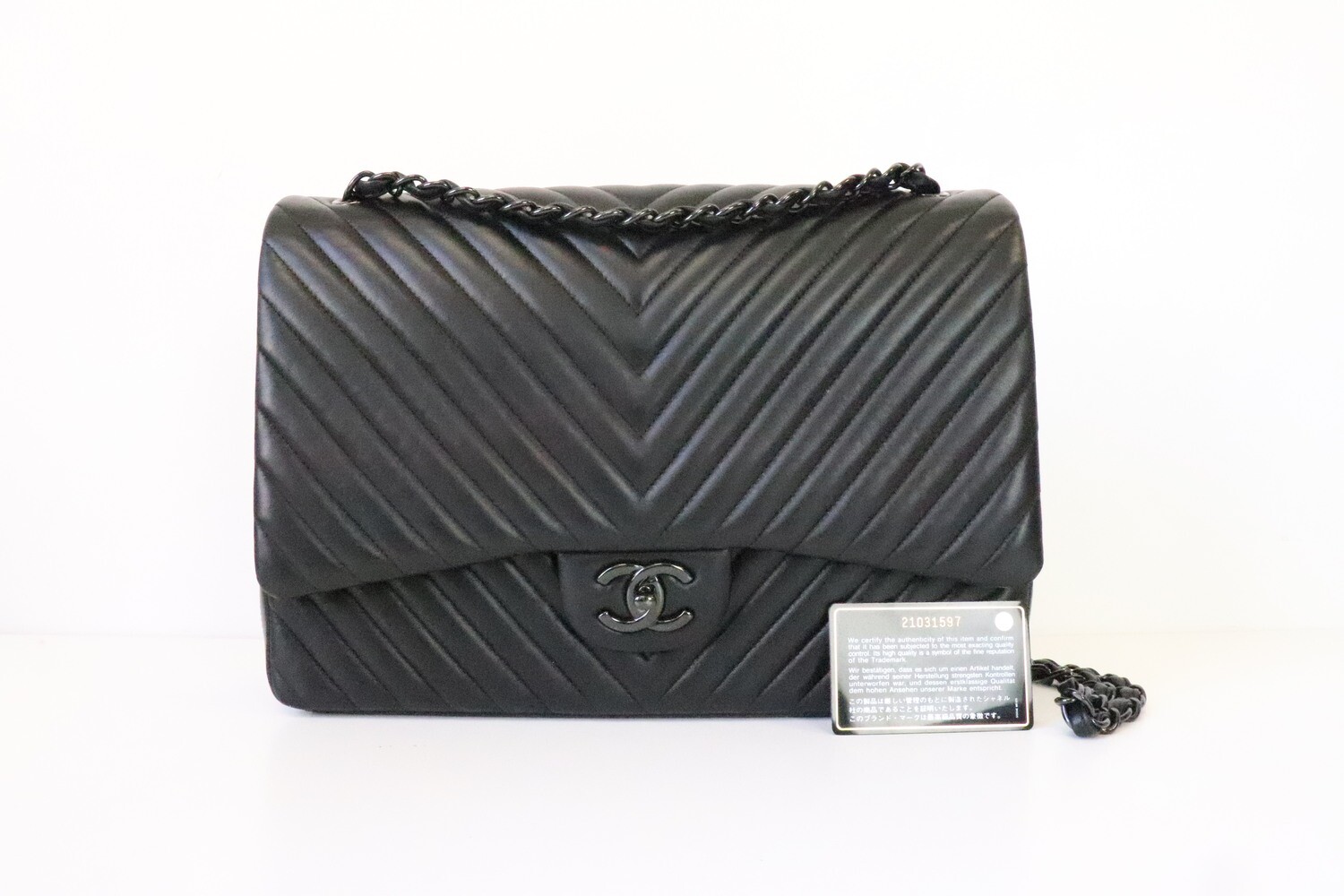 Chanel Classic Maxi Double Flap Black Lambskin Leather, So Black Hardware, Preowned in Box MA001