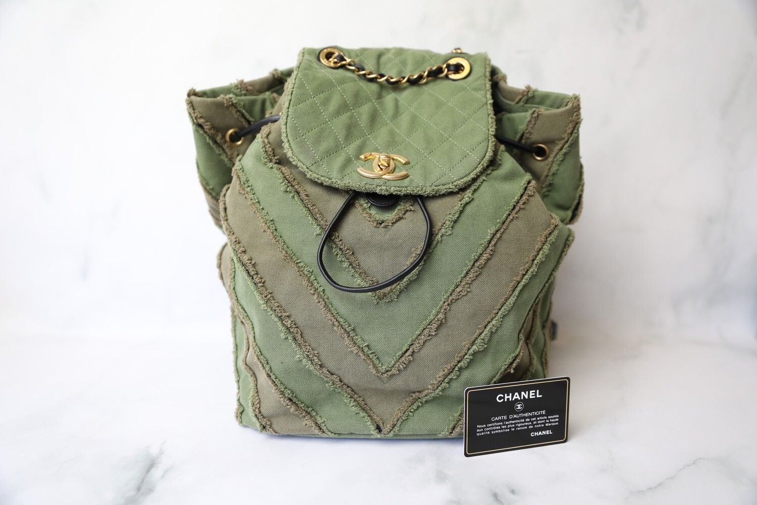 Chanel Backpack, Olive and Pink Denim with Gold Hardware, Preowned in Box WA001