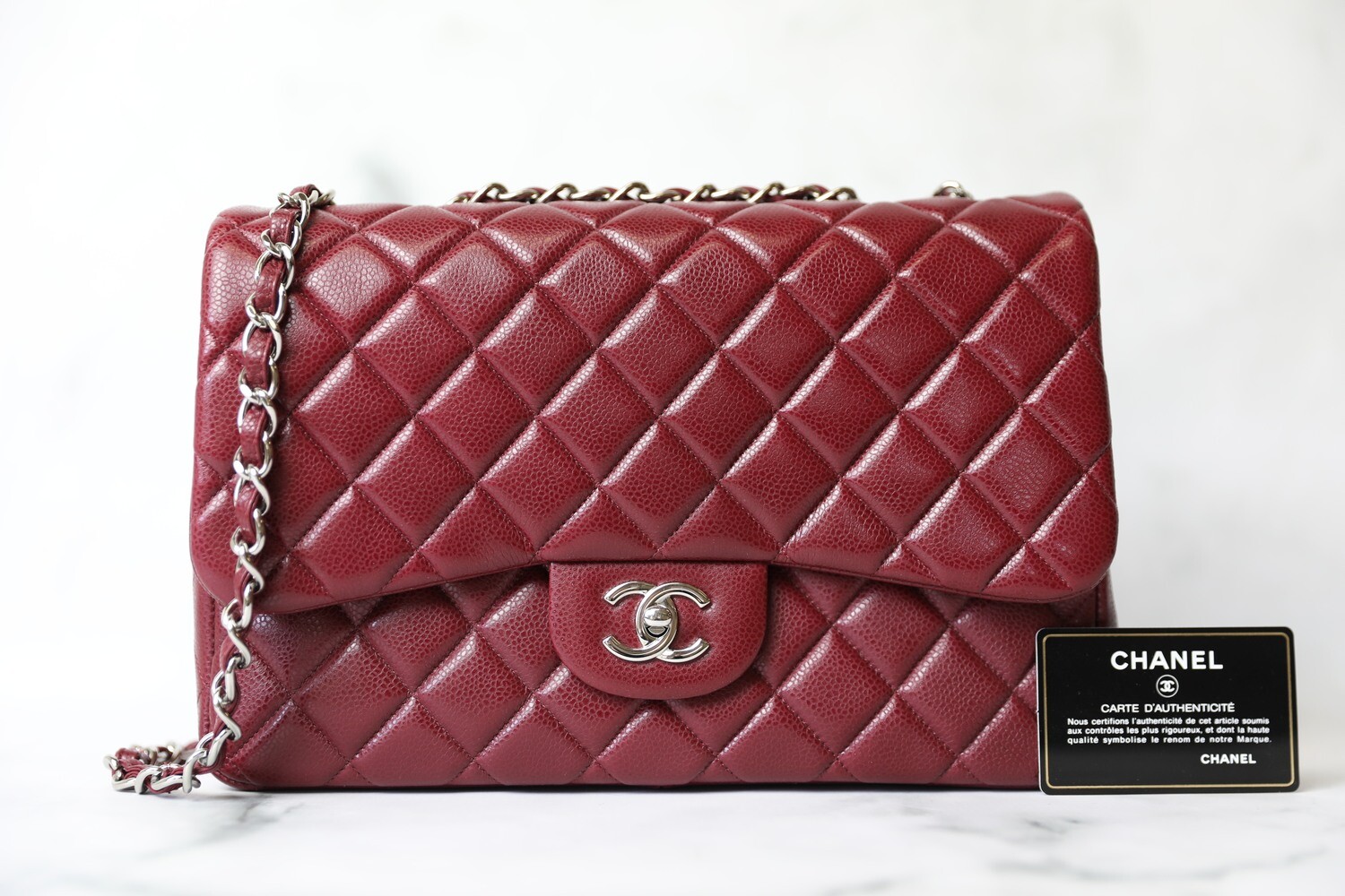 Chanel Classic Jumbo Single Flap, Red Caviar with Silver Hardware, Preowned in Box WA001