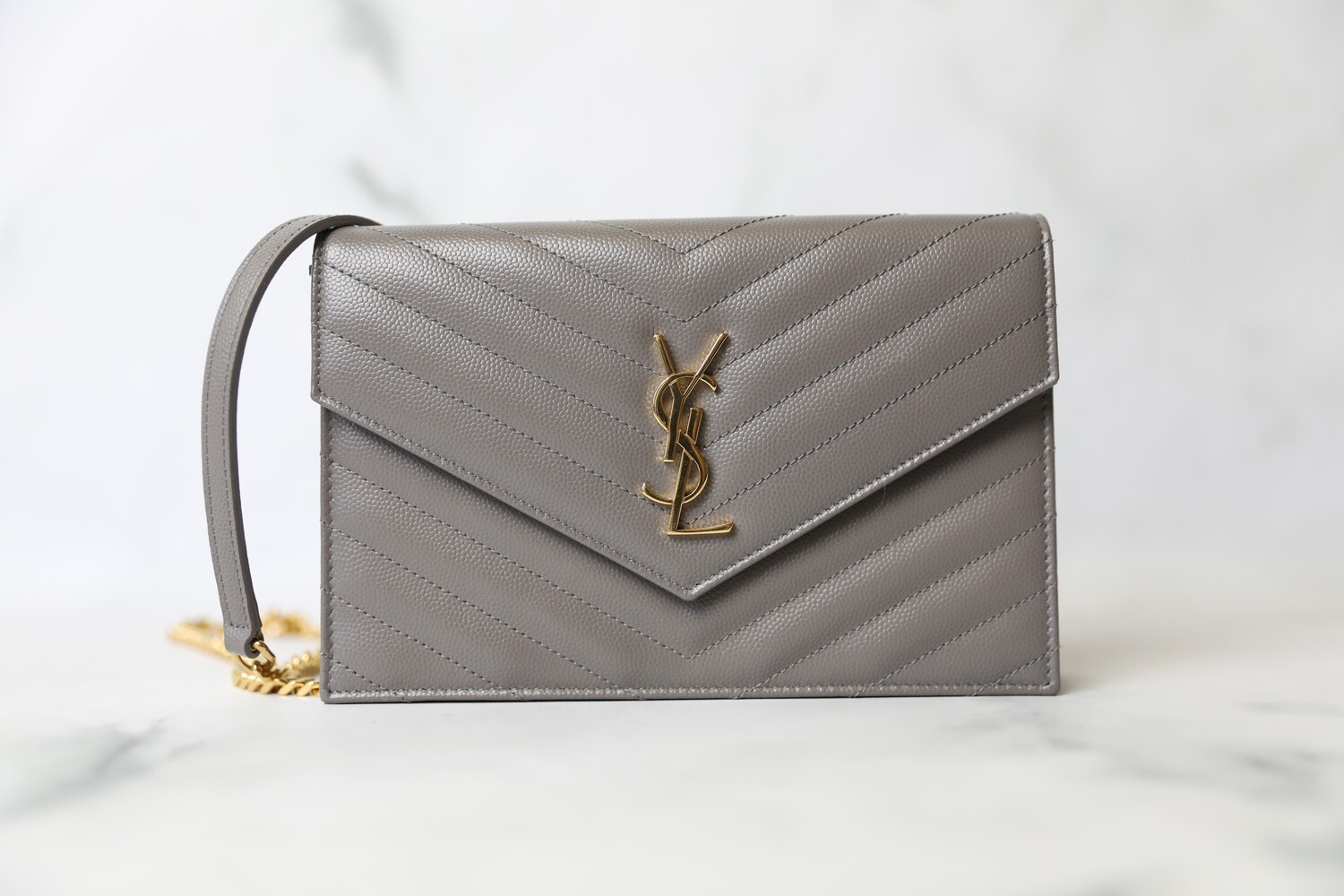 Saint Laurent Wallet on Chain Small, Grey with Gold Hardware, Preowned in Box WA001