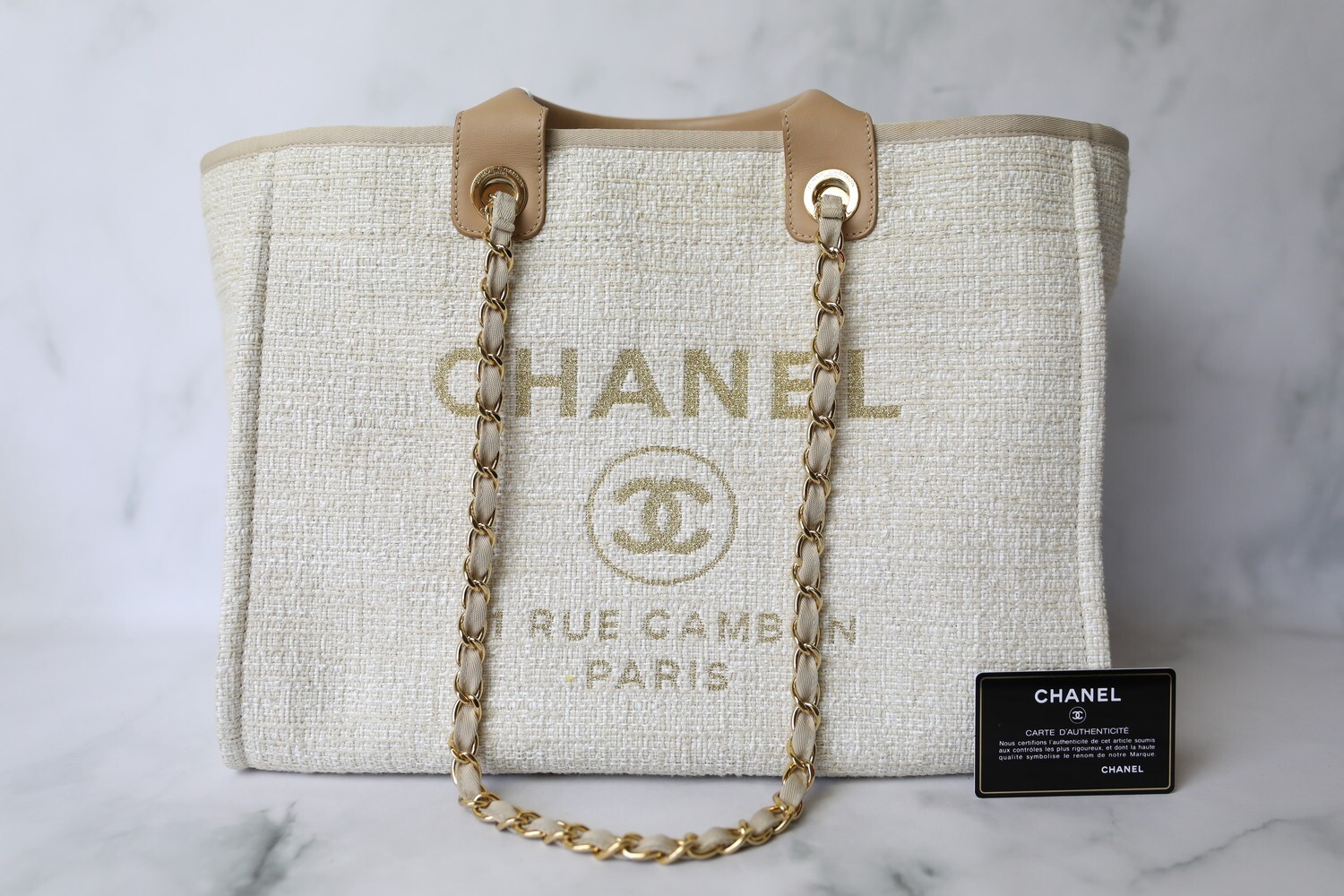 Chanel Deauville Large, Beige and Ivory Tweed, Preowned in Box WA001