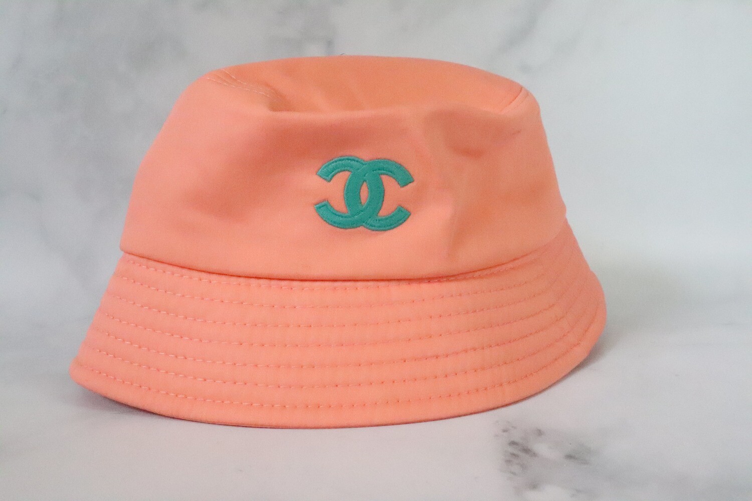 Chanel Hat Bucket Coral Peach with Green CC, New - No Dustbag