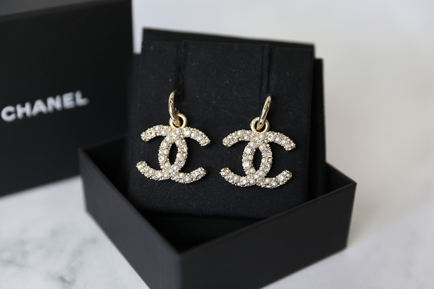 Chanel Earrings Drop CC with Pearl and Crystal, New in Box WA001
