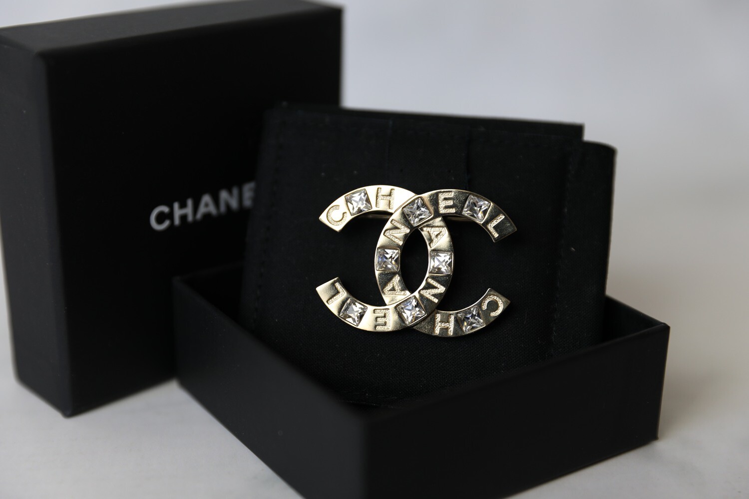 Vintage Chanel Gold Plated CC Rhinestone Brooch - ASL2401