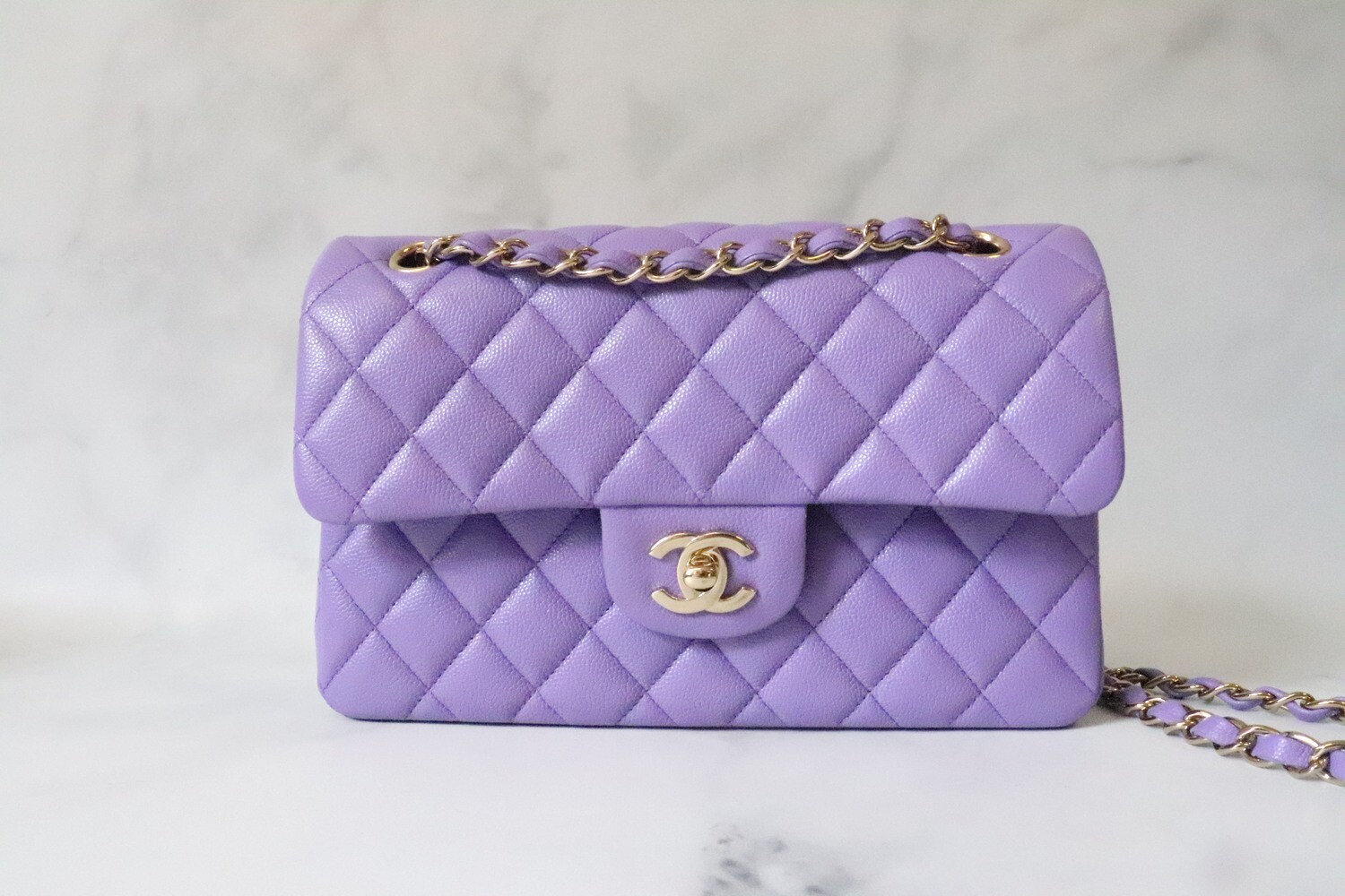 Chanel Classic Small Double Flap, Purple Caviar Leather, Shiny Gold Hardware, As New in Box