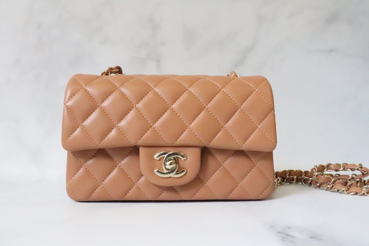 Chanel Mini Rectangle, 21P Caramel Lambskin Leather, Gold Hardware, As New in Box