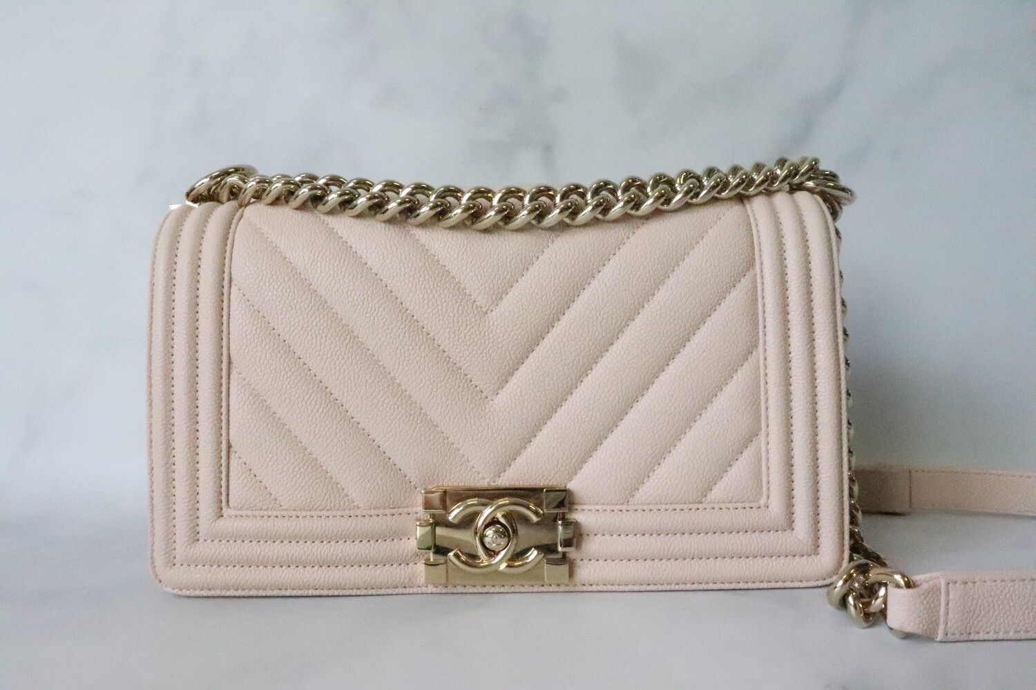 Chanel Boy Old Medium 17K Blush Nude Caviar Leather, Shiny Gold Hardware,  Preowned in Box