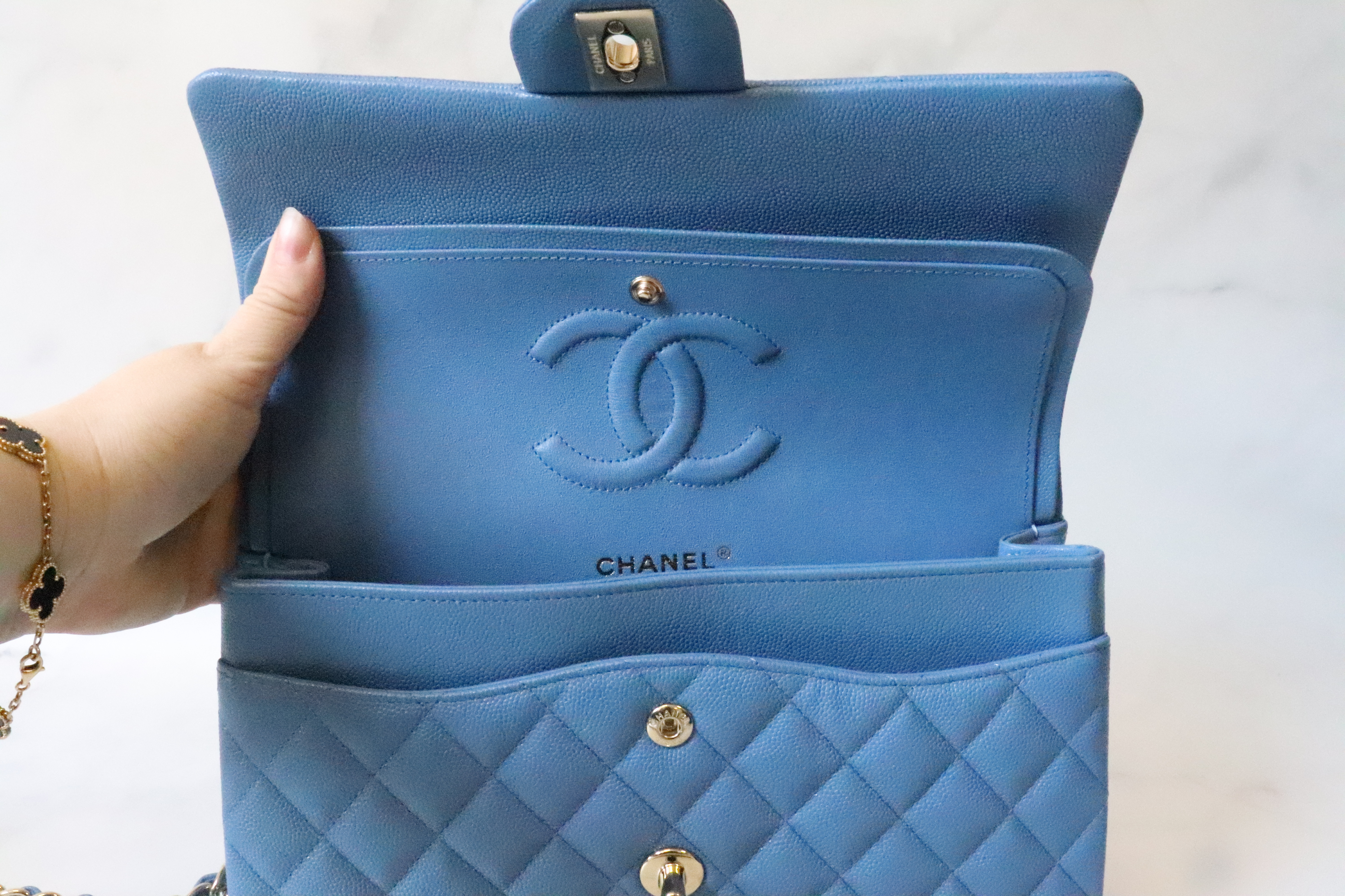 Chanel Classic Medium Double Flap, 20S Blue Caviar Leather, Shiny Gold  Hardware, New in Box