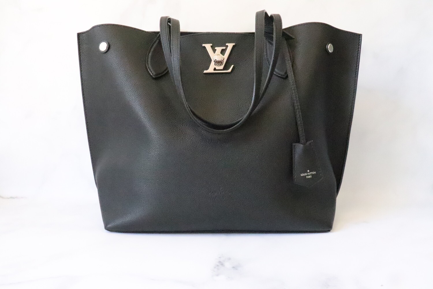 Louis Vuitton, Black Leather Tote, Silver Hardware, Preowned - No Dustbag