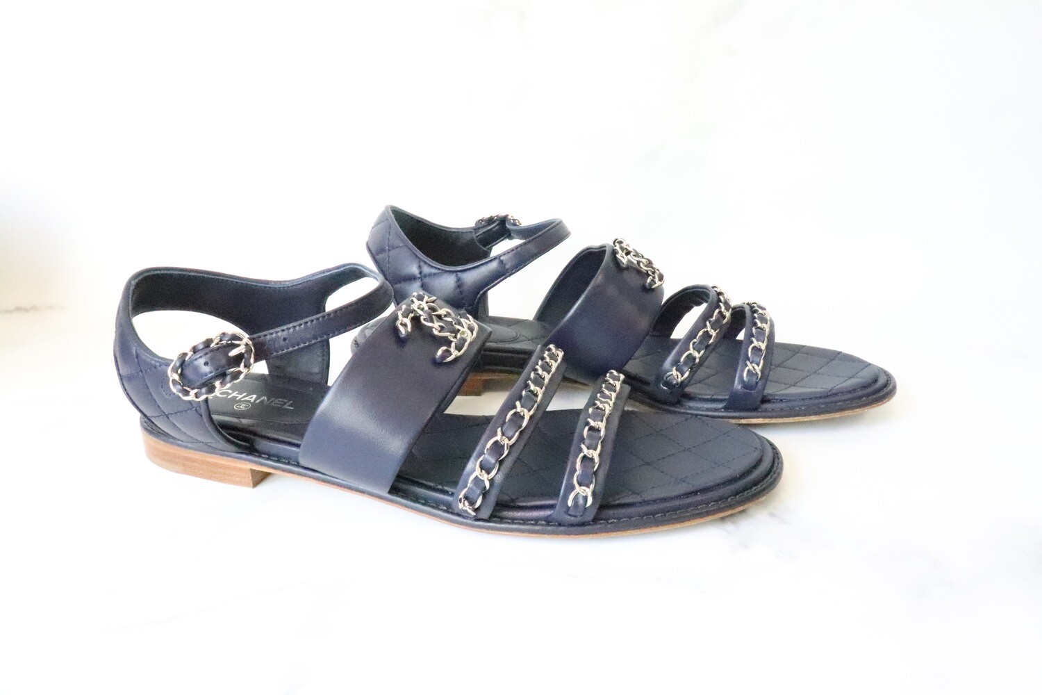 Chanel Shoes Sandals Navy with Silver Hardware, Preowned in Dustbag, Size 40.5