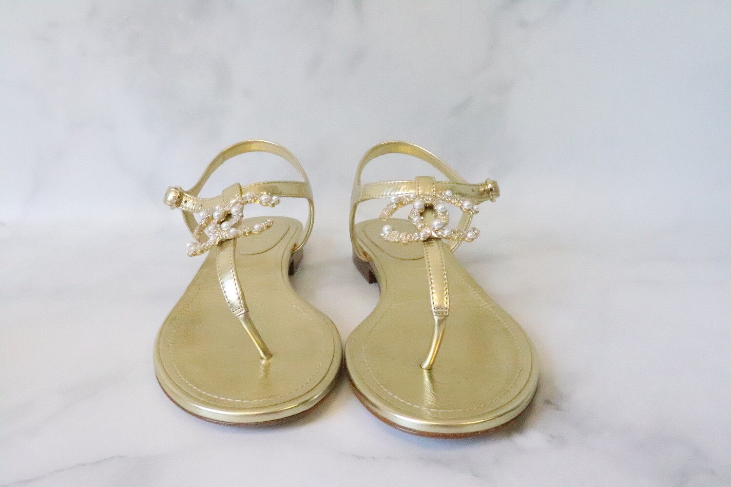 Chanel Shoes Gold 20C Thong, New in Box