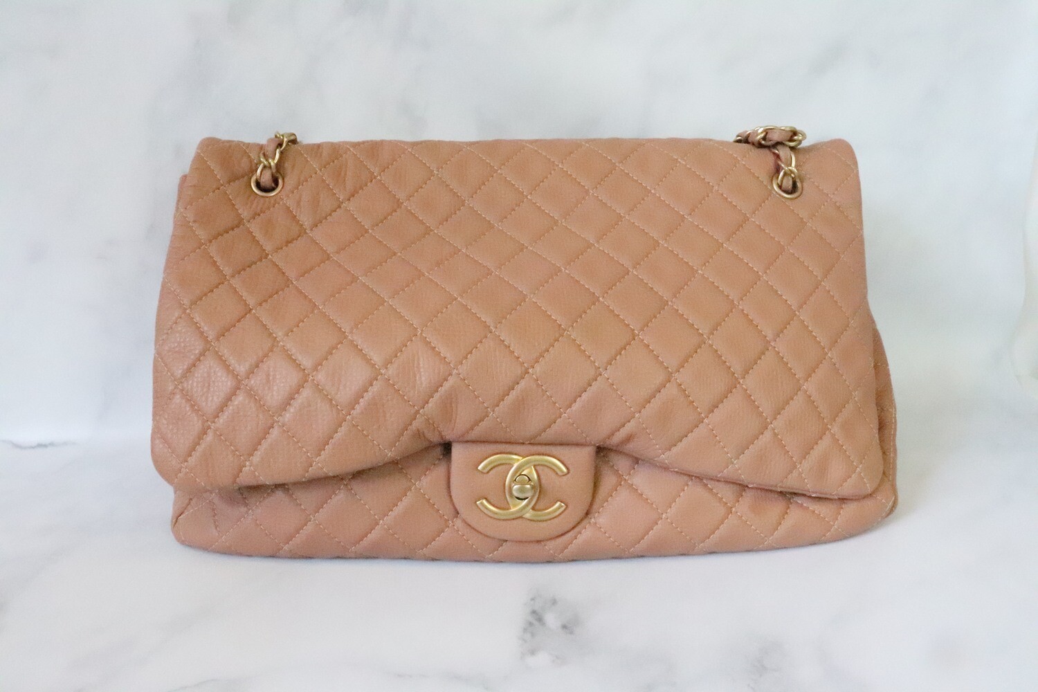Chanel XXL Airplane Flap Bag 18C Dark Beige Caviar Leather, Brushed Gold Hardware, Preowned in Dustbag
