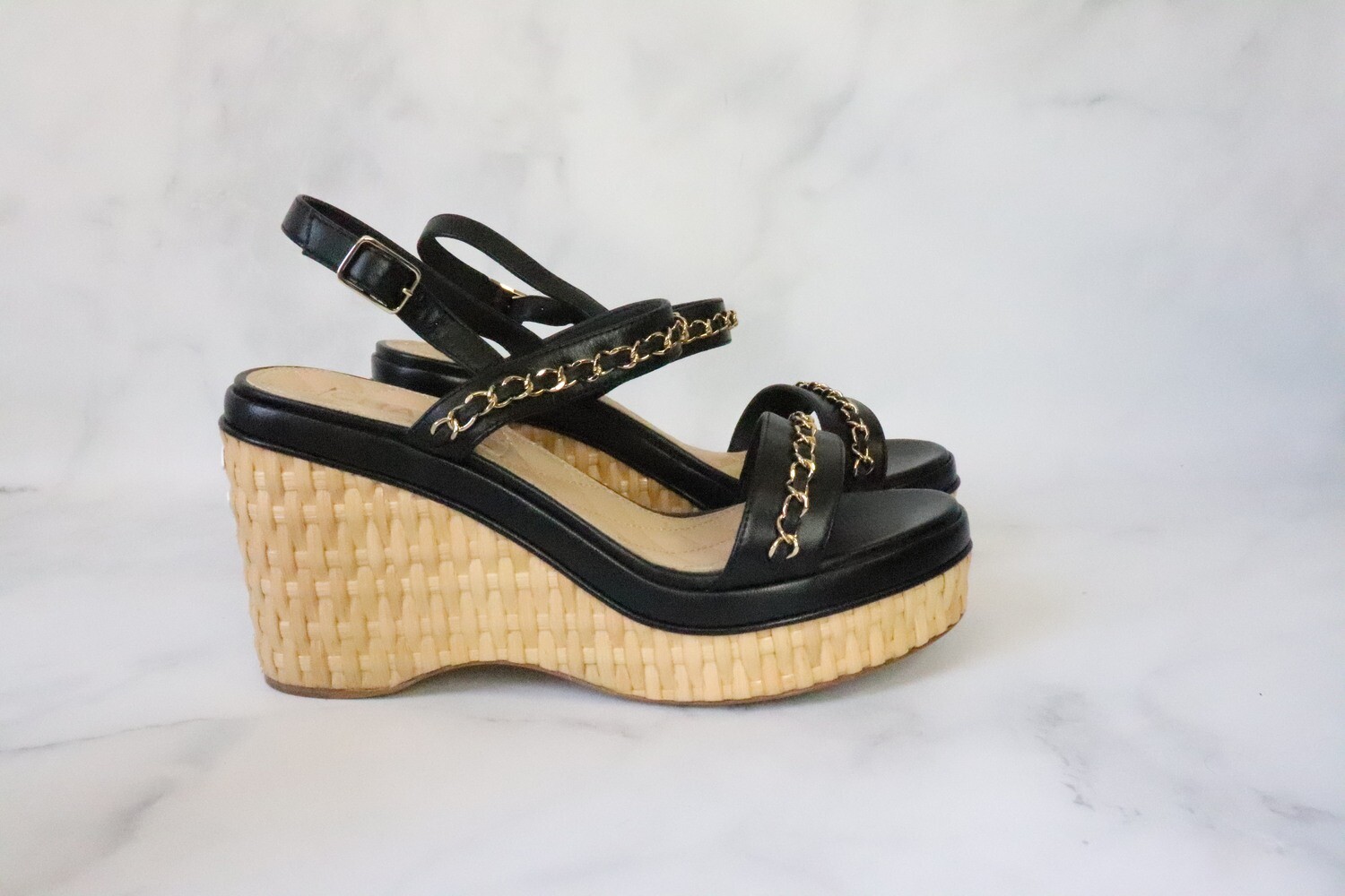 Chanel Shoes 20C Wedges Black with Raffia, New in Box
