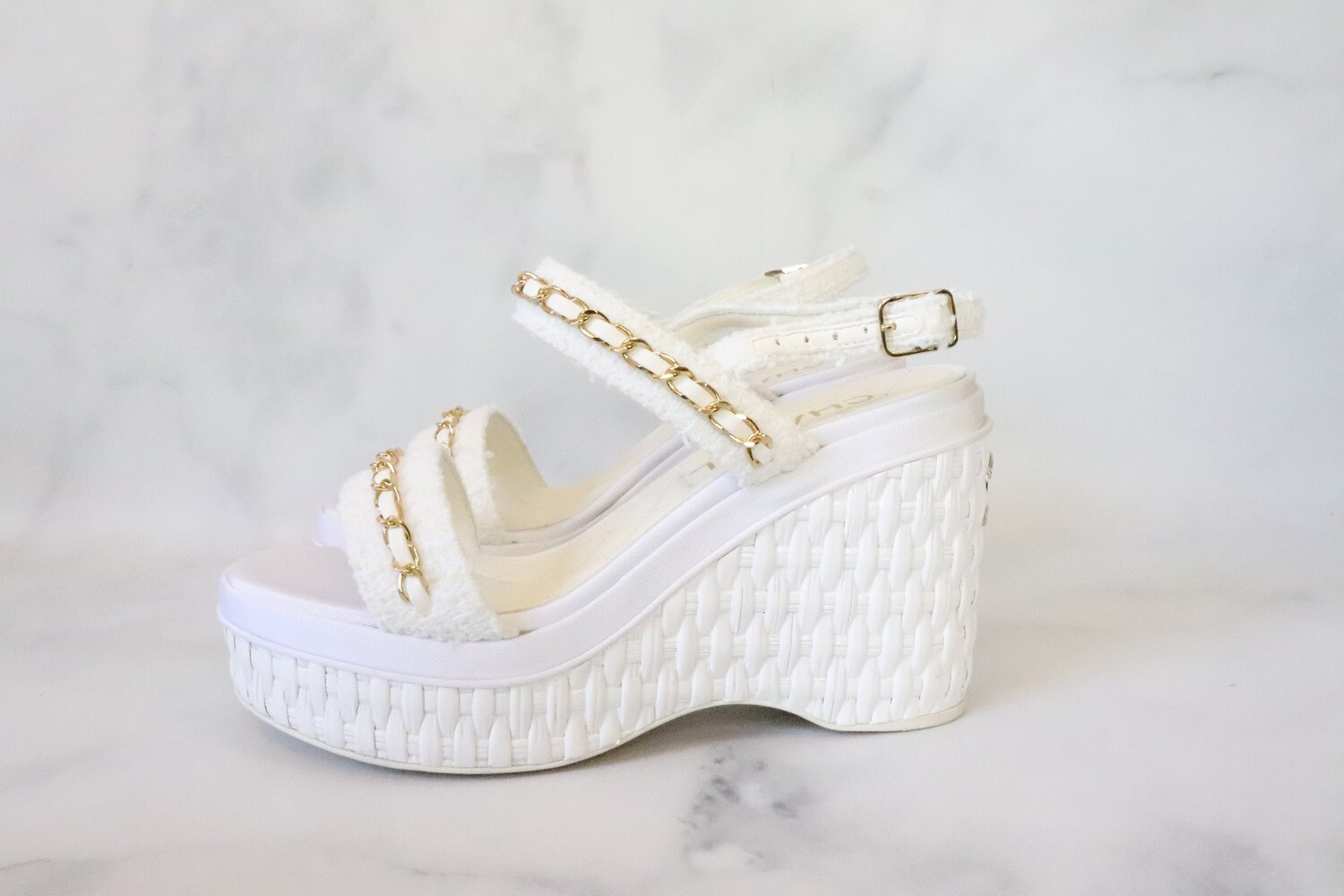 Chanel Shoes 20C White Wedges with Gold, New in Box