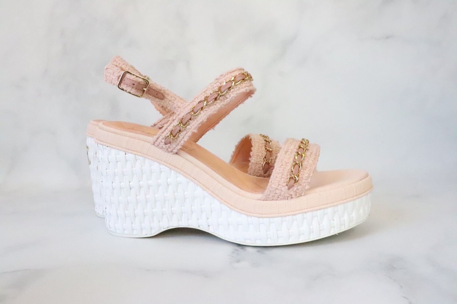 Chanel Shoes 20C Pink Wedges with Gold, New in Box