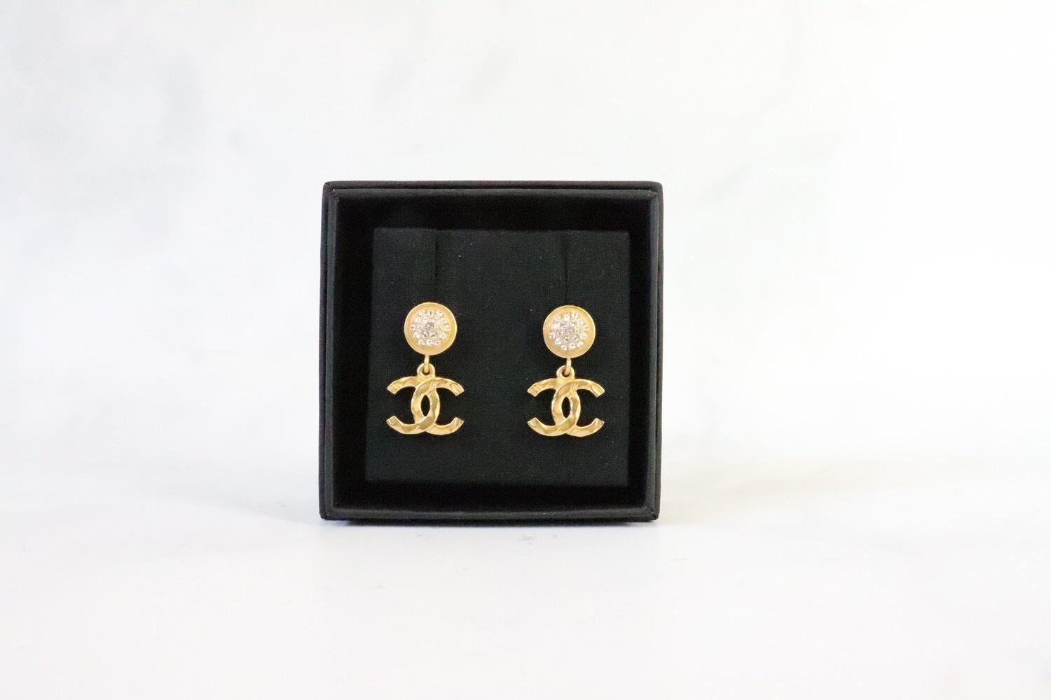 Chanel Earrings Gold Dangles with Round, New in Box