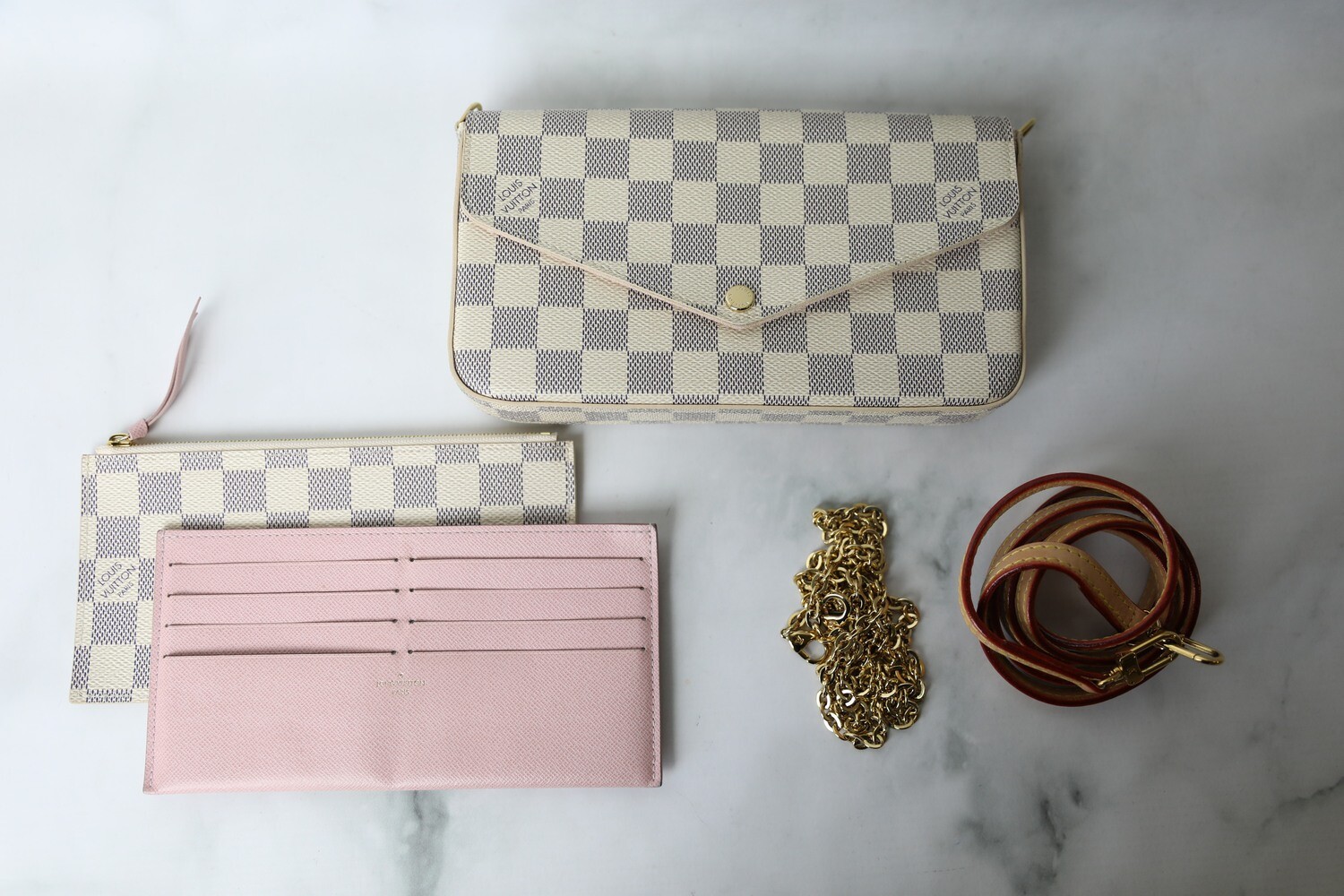 Louis Vuitton Felicie Set with Leather Strap, Damier Azur, Preowned in Box WA001
