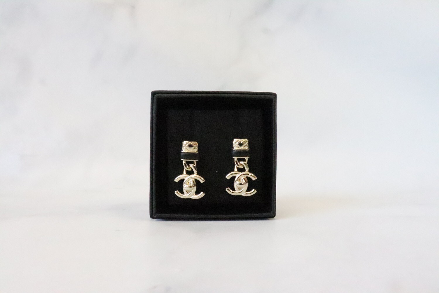 Chanel Earrings Light Gold Turnlock Dangle CC with Black Leather, New in Box