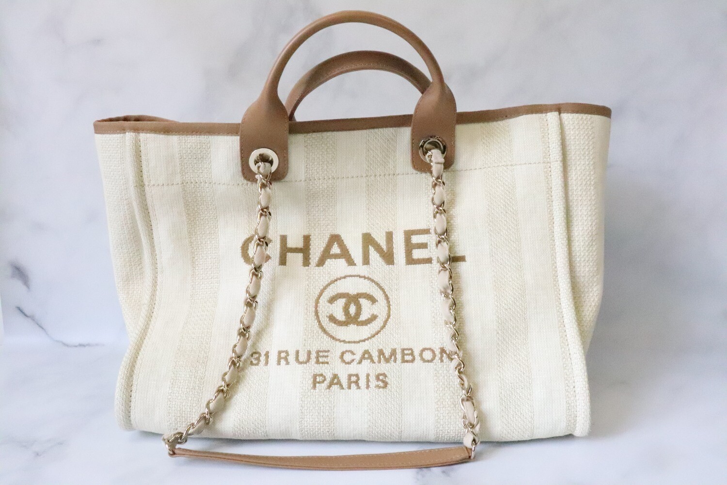 Chanel Deauville Beige Stripe, Preowned in Dustbag