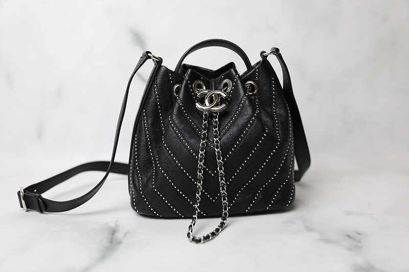 Chanel Studded Bucket Bag, Black Calfskin with Silver Hardware, Preowned in Box WA001