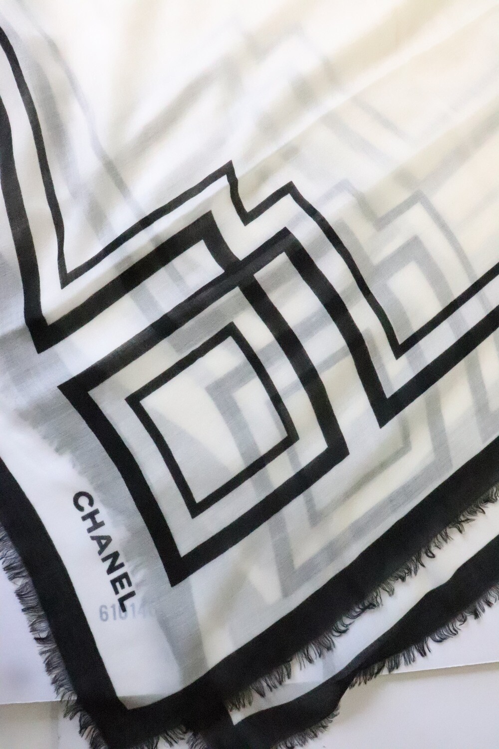 Chanel Shawl Lightweight Cashmere 18K White and Black Geometric, As New - No Box