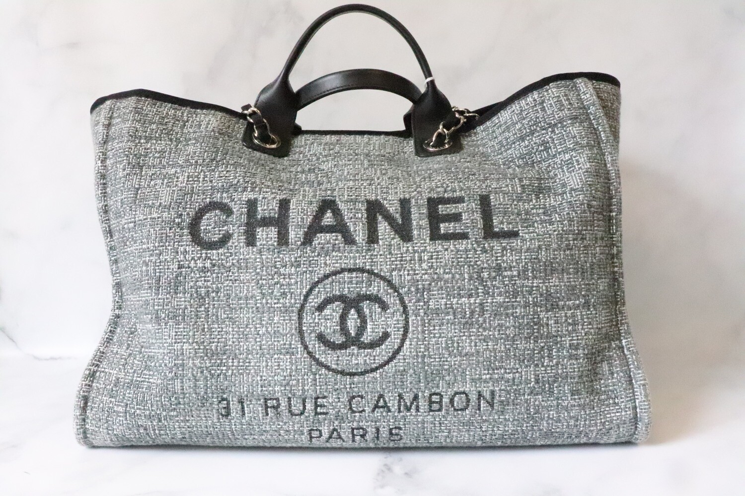 Chanel Deauville, Tweed Charcoal Grey Black with Silver Hardware, Preowned  in Dustbag - Julia Rose Boston
