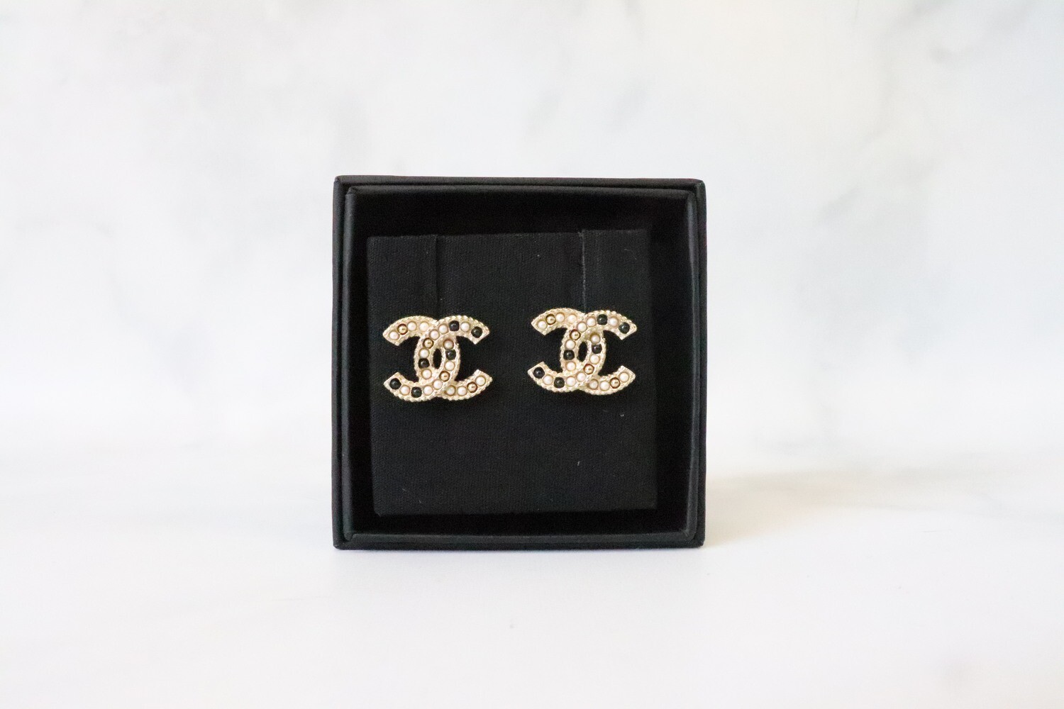 Chanel Earrings Gold With Black, Pearl and Gold Beads, Studs, New in Box