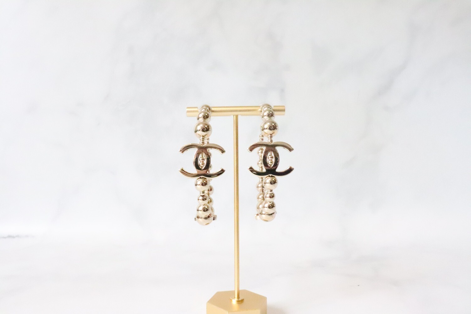 Chanel Earrings Gold Ball Hoops, New in Box