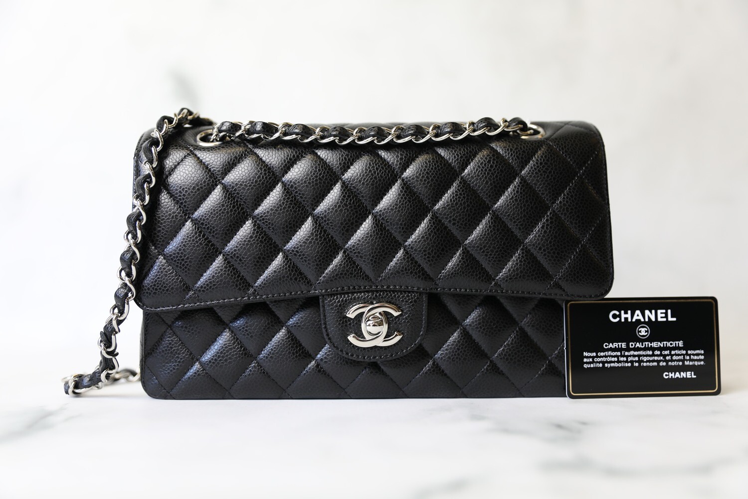 Chanel Classic Medium, Black Caviar with Silver Hardware, Preowned in Box WA001
