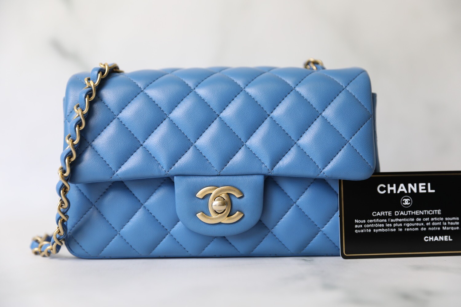 Chanel Classic Mini Rectangular, Blue Lambskin with Gold Hardware, Preowned in Box WA001