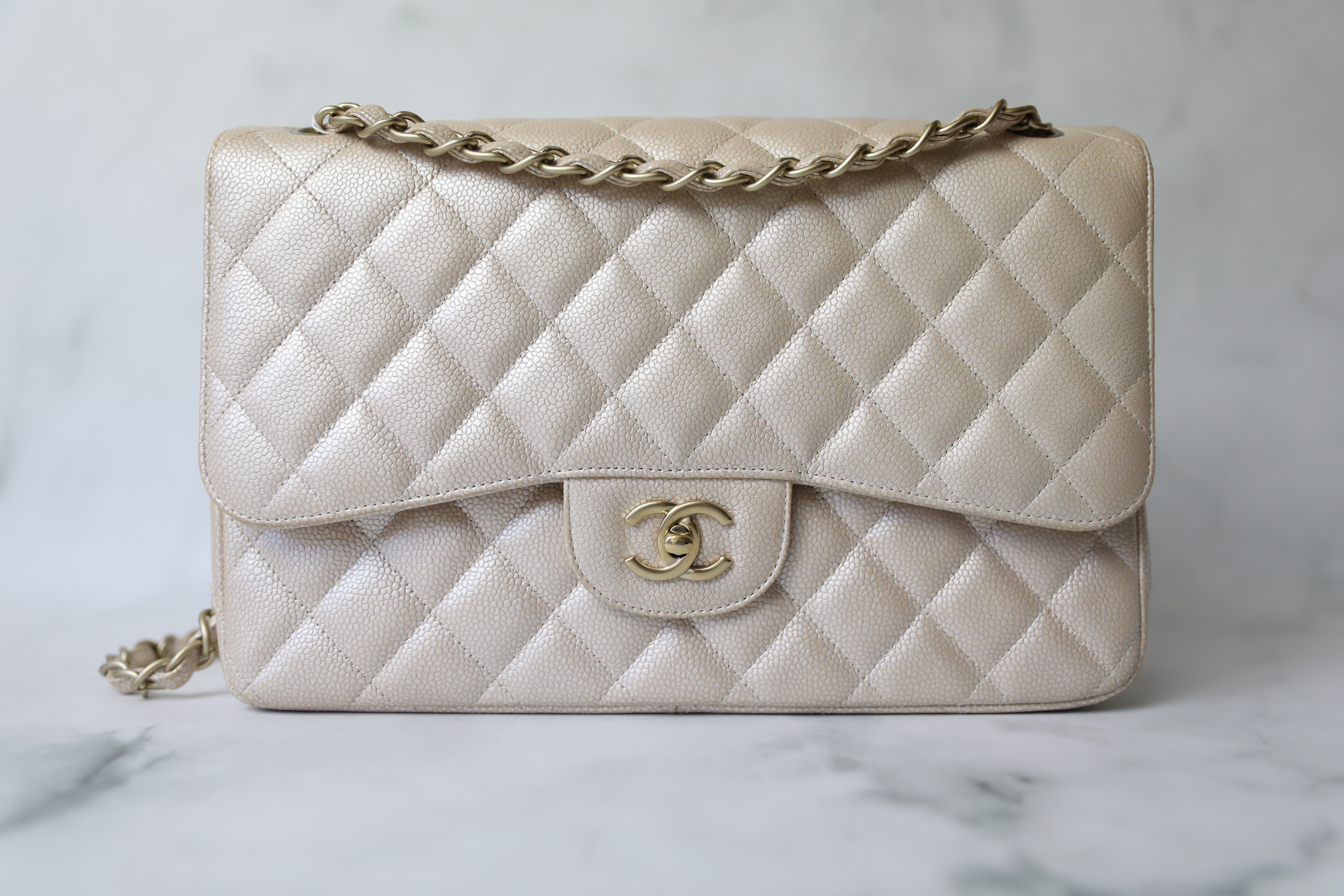 Chanel Classic Jumbo, Pearly Beige Caviar with Gold Hardware