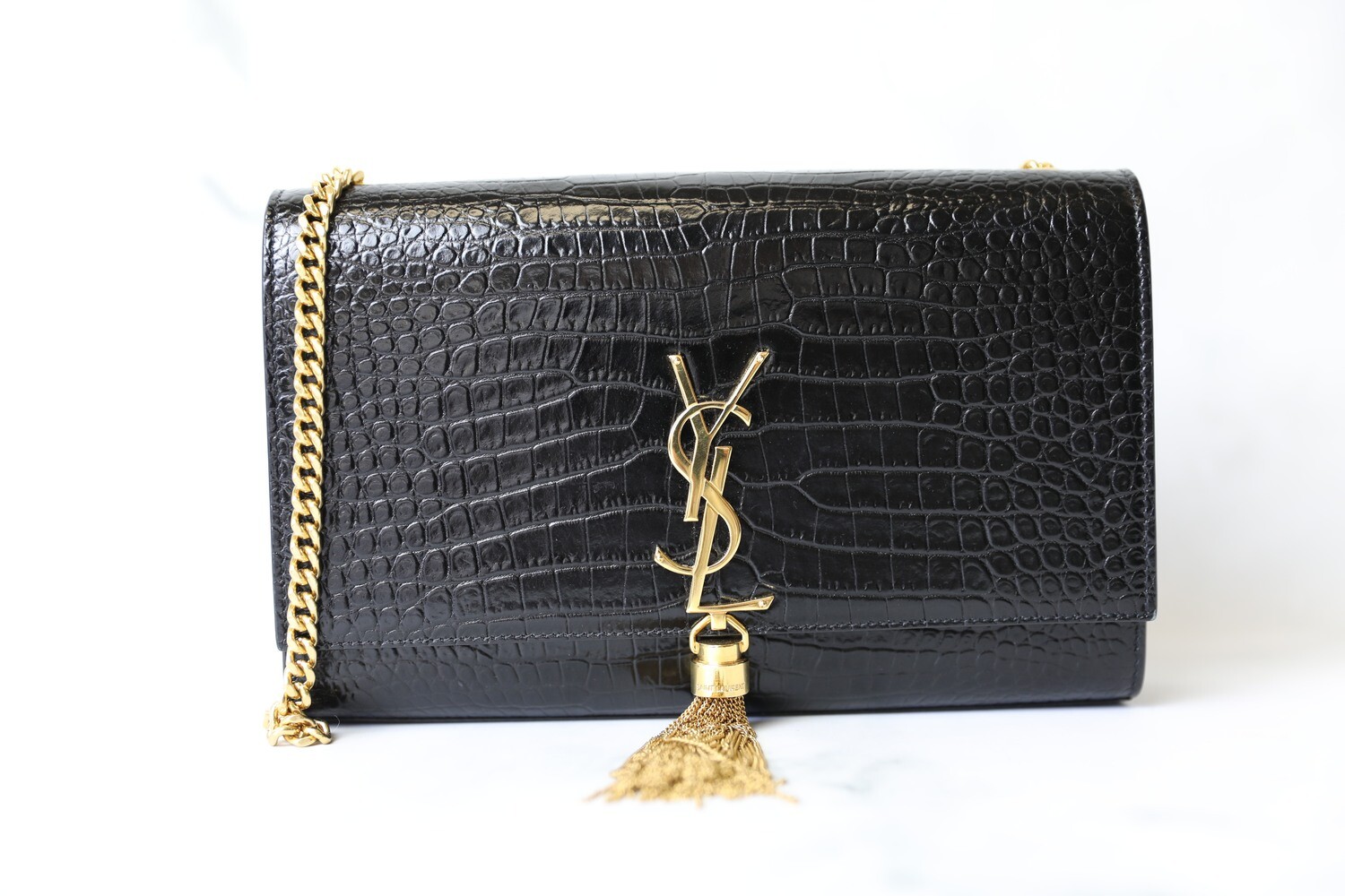 Saint Laurent Kate with Tassel, Black Mock Croc with Gold Hardware, Preowned in Dustbag WA001