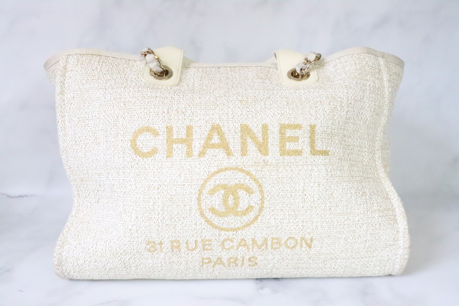 Chanel Deauville Large Ivory Tweed, Gold Hardware, Preowned - No Dustbag
