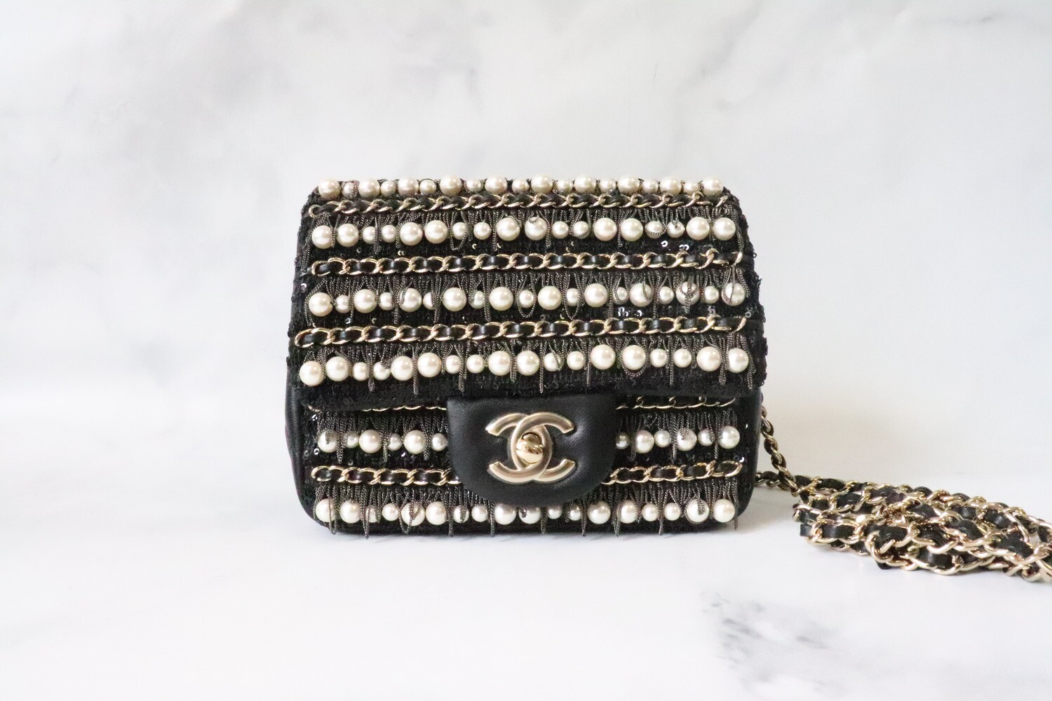 Chanel Mini Square Bag, Black 20B Lambskin Leather with Pearls, Gold Hardware, Like New in Dustbag