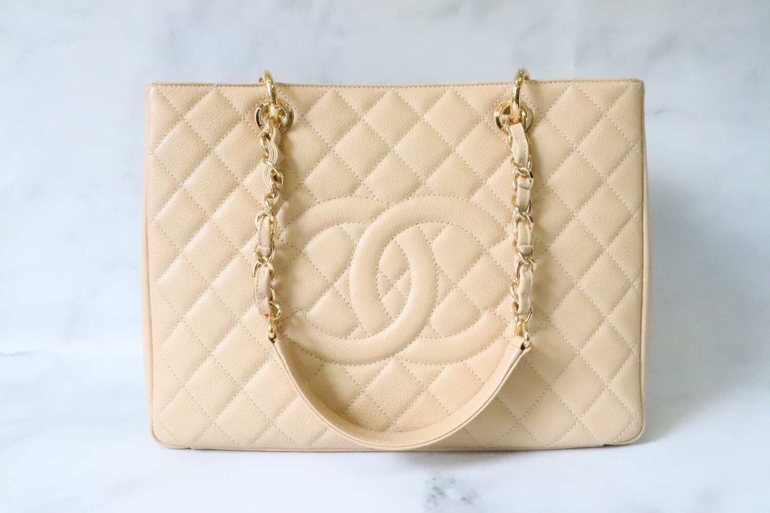 Chanel Grand Shopping Tote GST Beige Claire Caviar, Preowned in Box