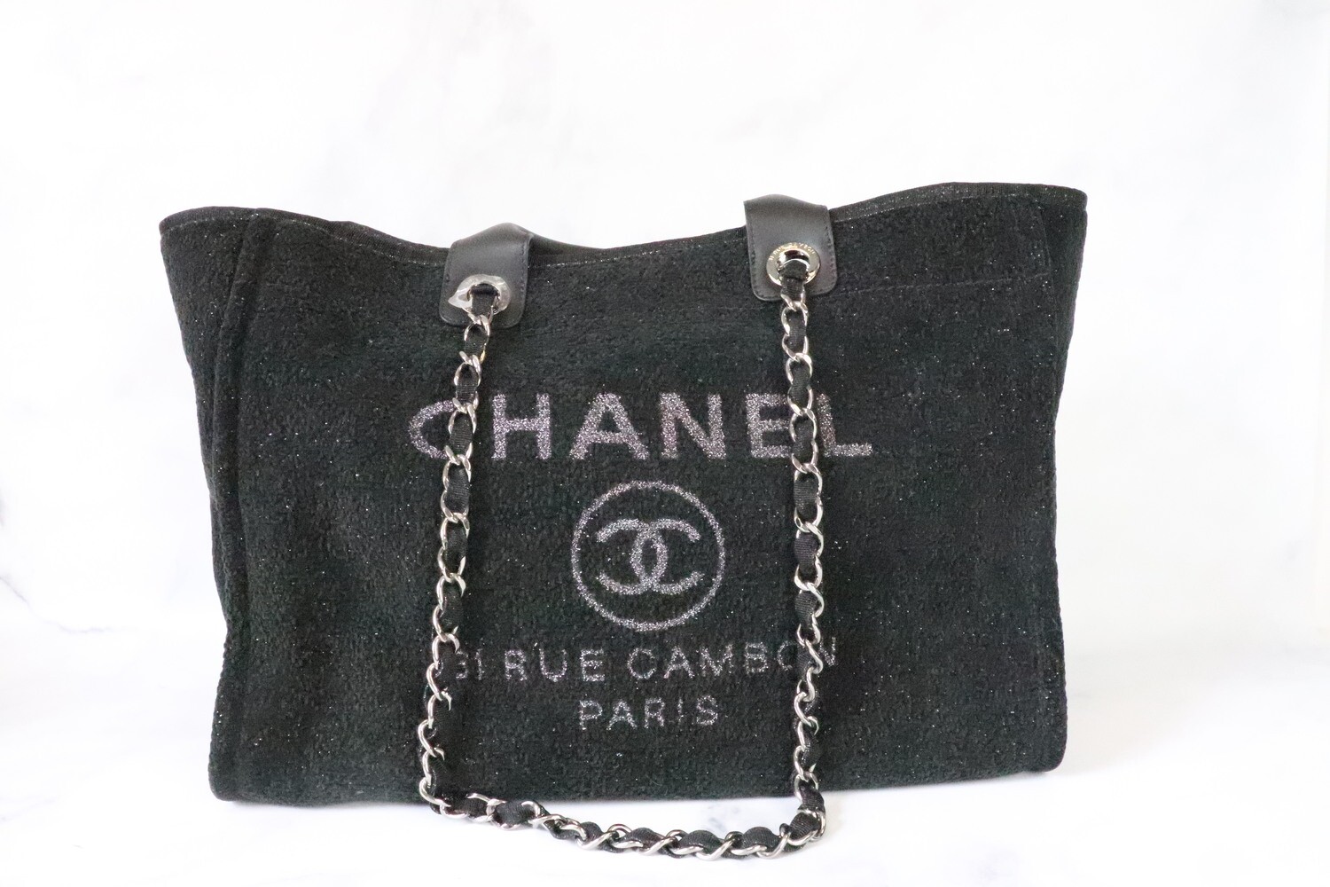 Chanel Deauville Black Tweed with Silver Hardware, Preowned in Dustbag