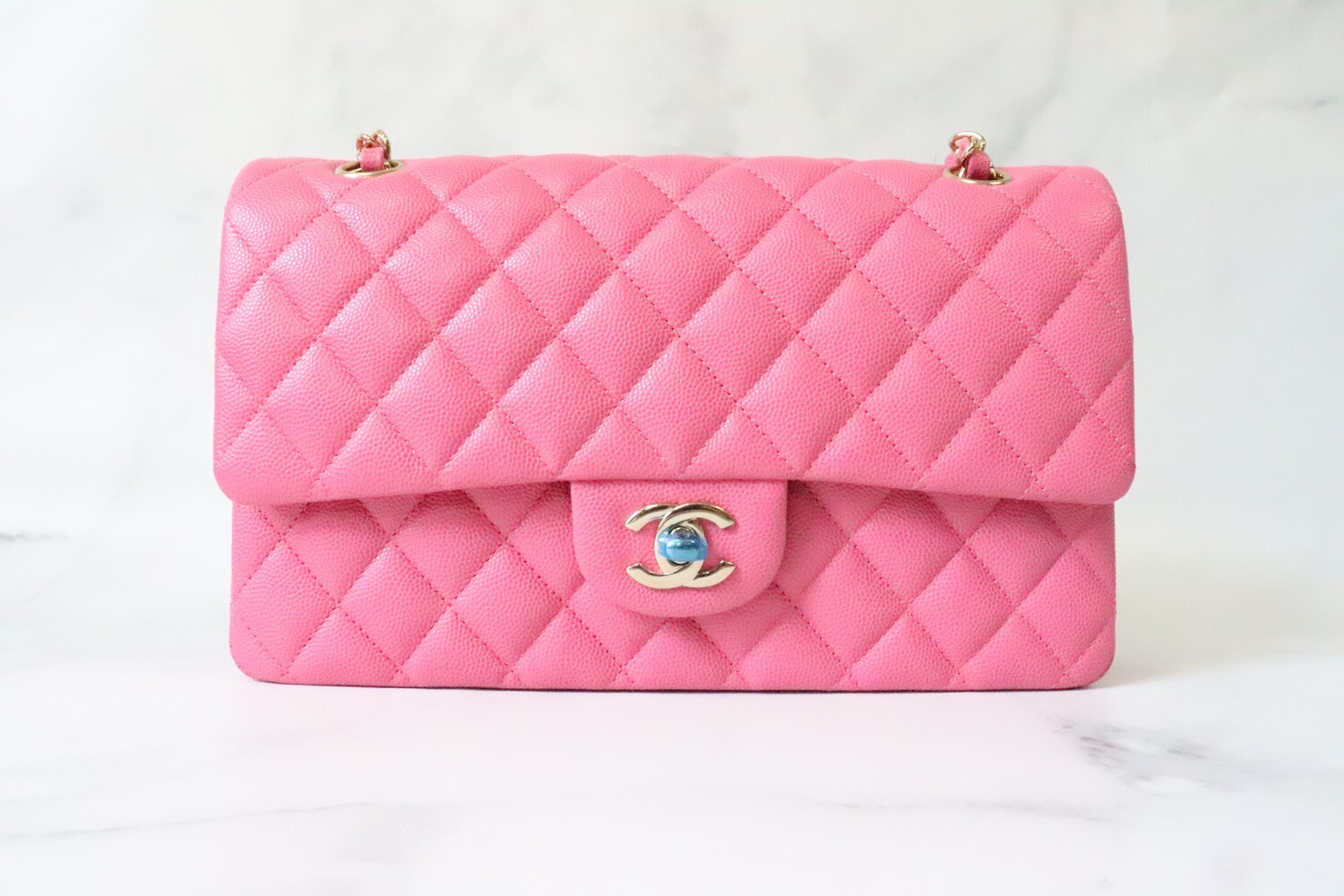 Chanel Classic Medium Double Flap Pink Caviar Leather, Gold Hardware, As New in Box