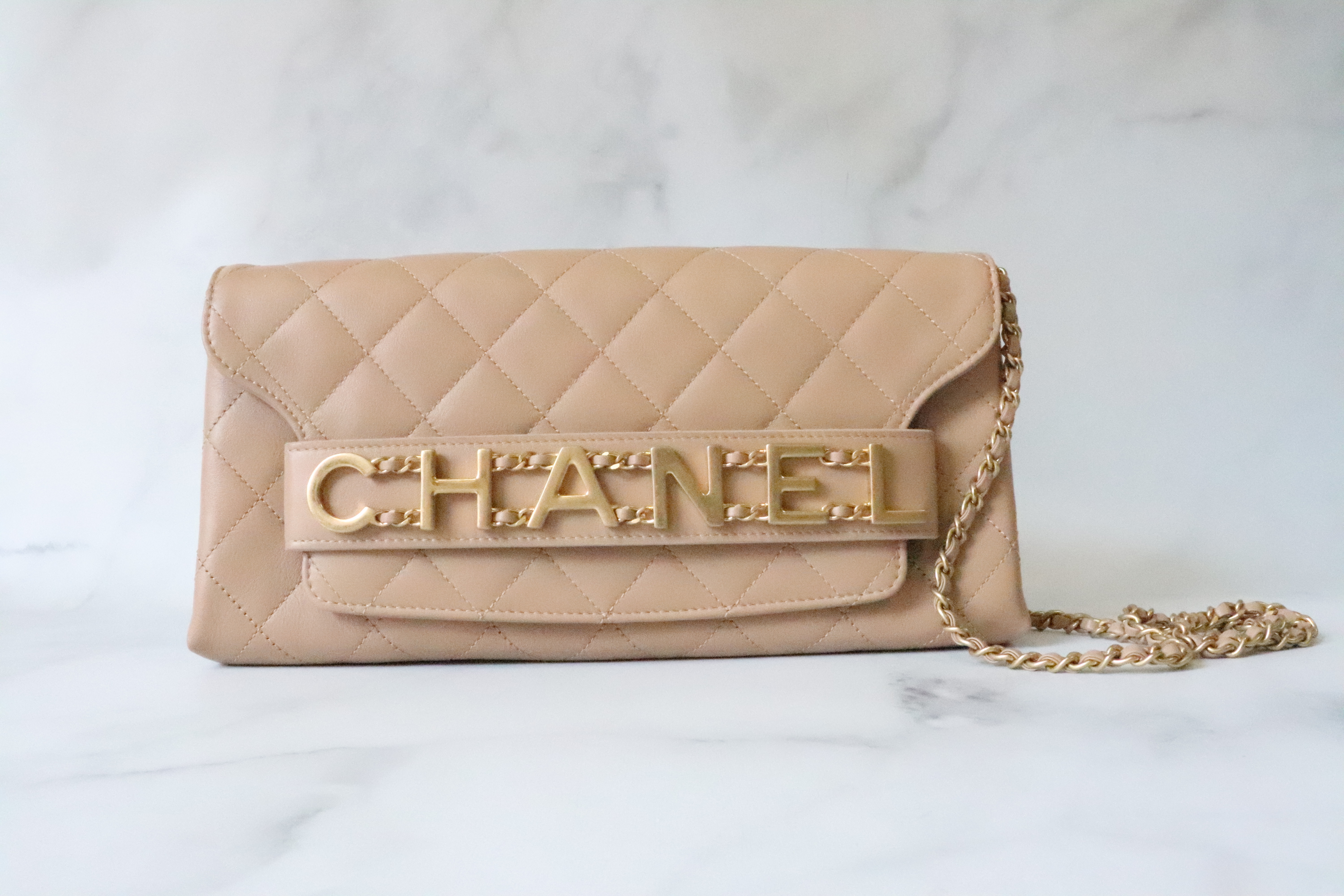 Chanel Seasonal Beige Enchained Logo Clutch Bag, Gold Hardware, Pre-owned  in Dustbag - Julia Rose Boston