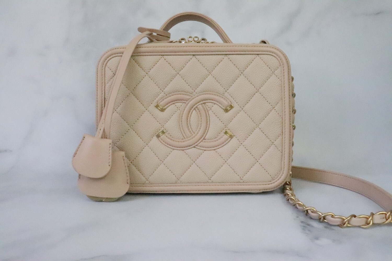 Chanel Vanity Medium, Beige Caviar Leather, Brushed Gold Hardware, Preowned in Box