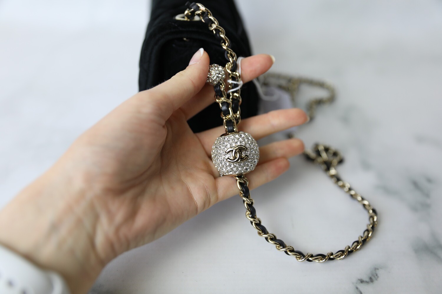 Chanel Pearl Crush Mini, Black Velvet with Gold Hardware