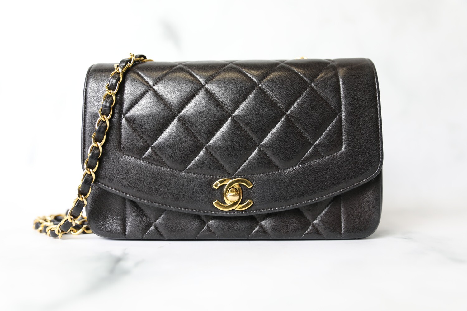 Chanel Vintage Diana, Black Lambskin with Gold Hardware, Preowned in Box WA001