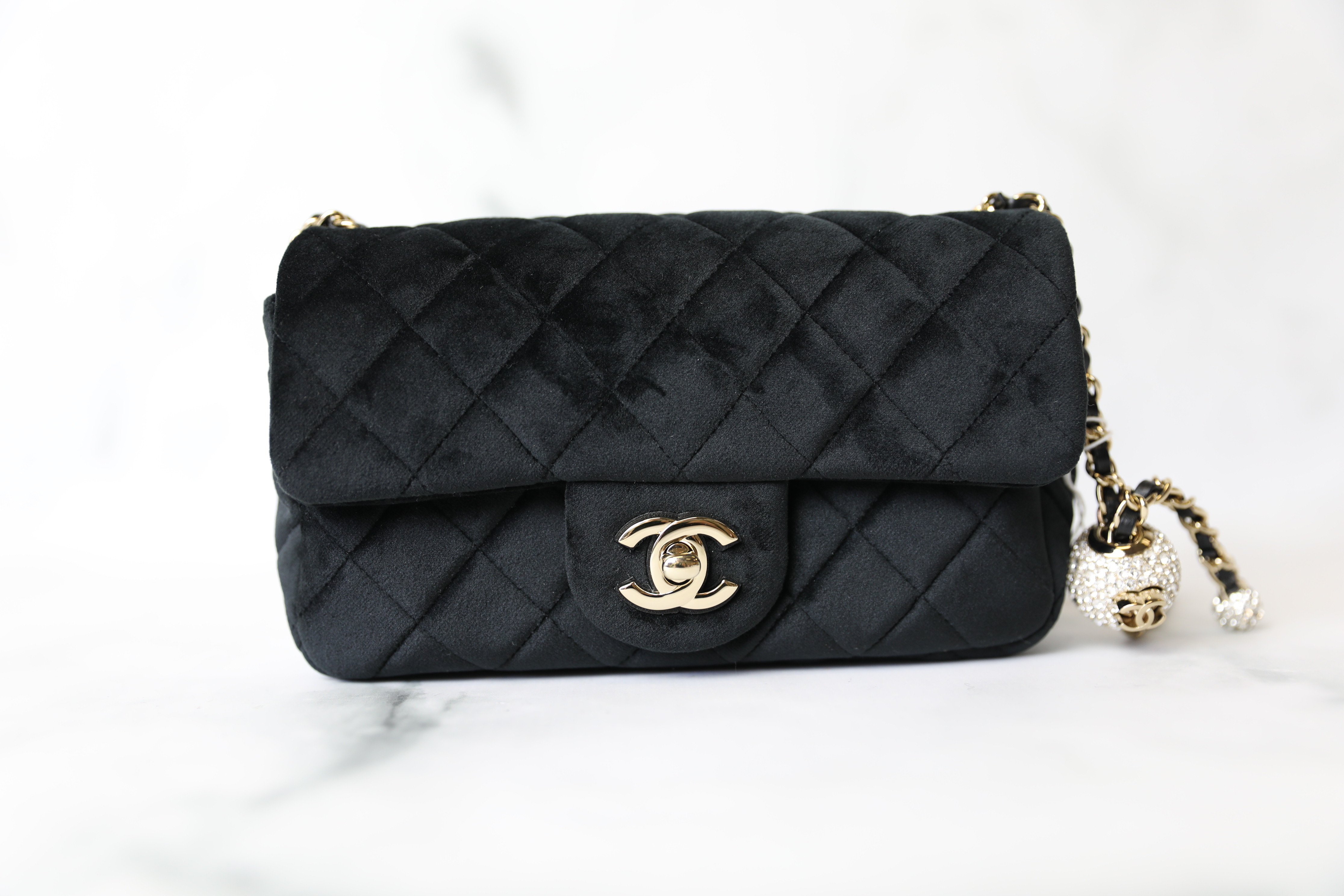 Chanel Pearl Crush Mini, Black Velvet with Gold Hardware , New in