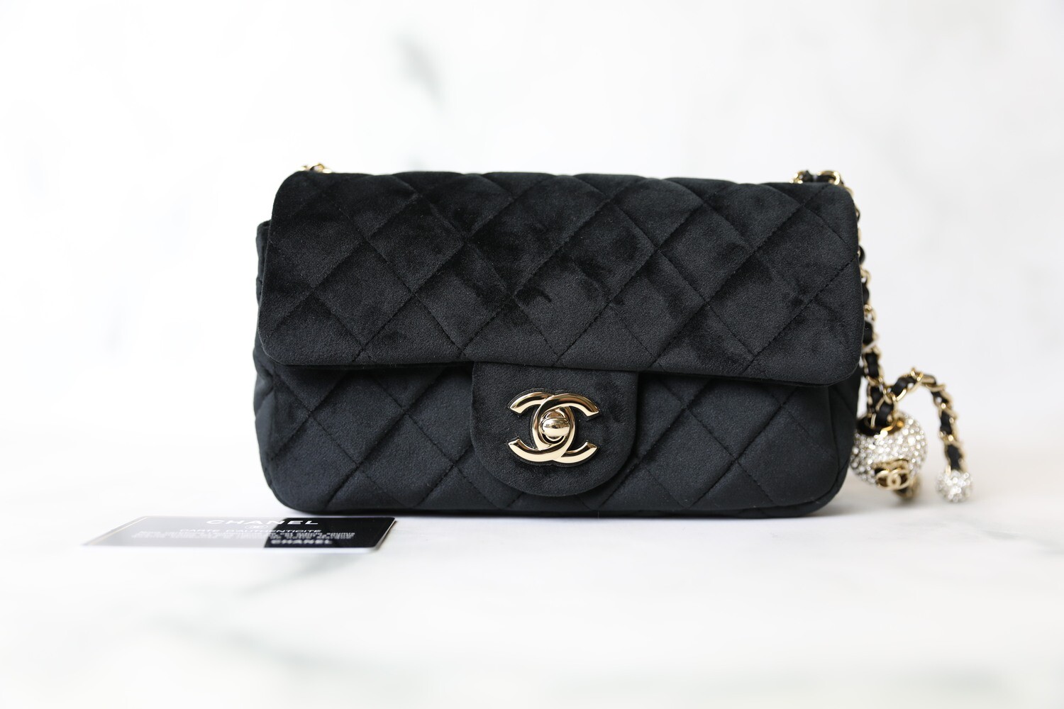 Chanel Pearl Crush Mini, Black Velvet with Gold Hardware , New in Box WA001