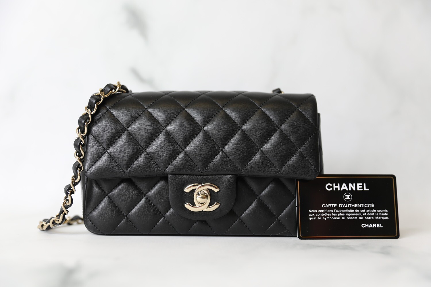 Chanel Classic Mini Rectangular, Black Lambskin with Gold Hardware, Preowned in Box WA001