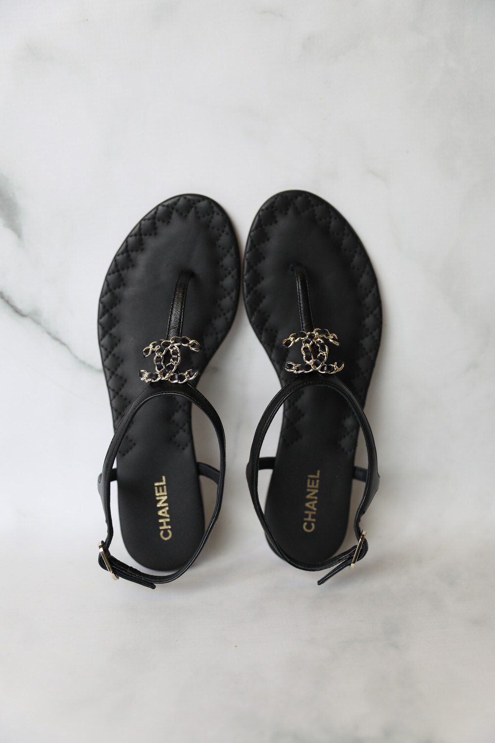 Chanel Thong Sandals, Black with Chain CC, Size 36, Preowned in Box WA001