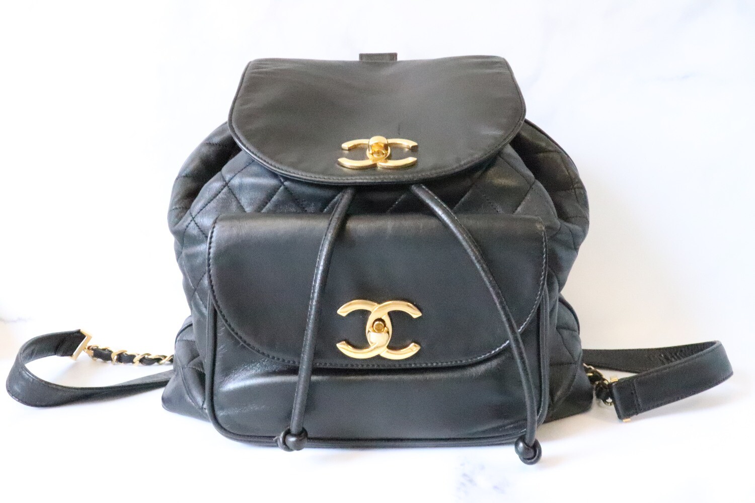 Chanel Vintage Backpack Black Lambskin Leather, Gold Hardware, Preowned