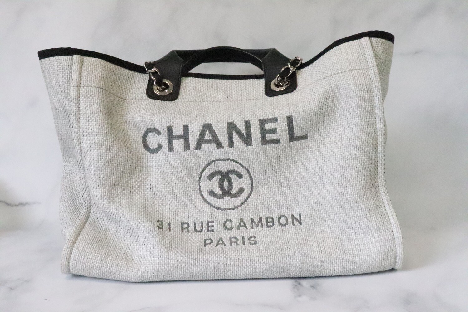 Chanel Deauville Grey Tweed, Silver Hardware, Preowned in Dustbag