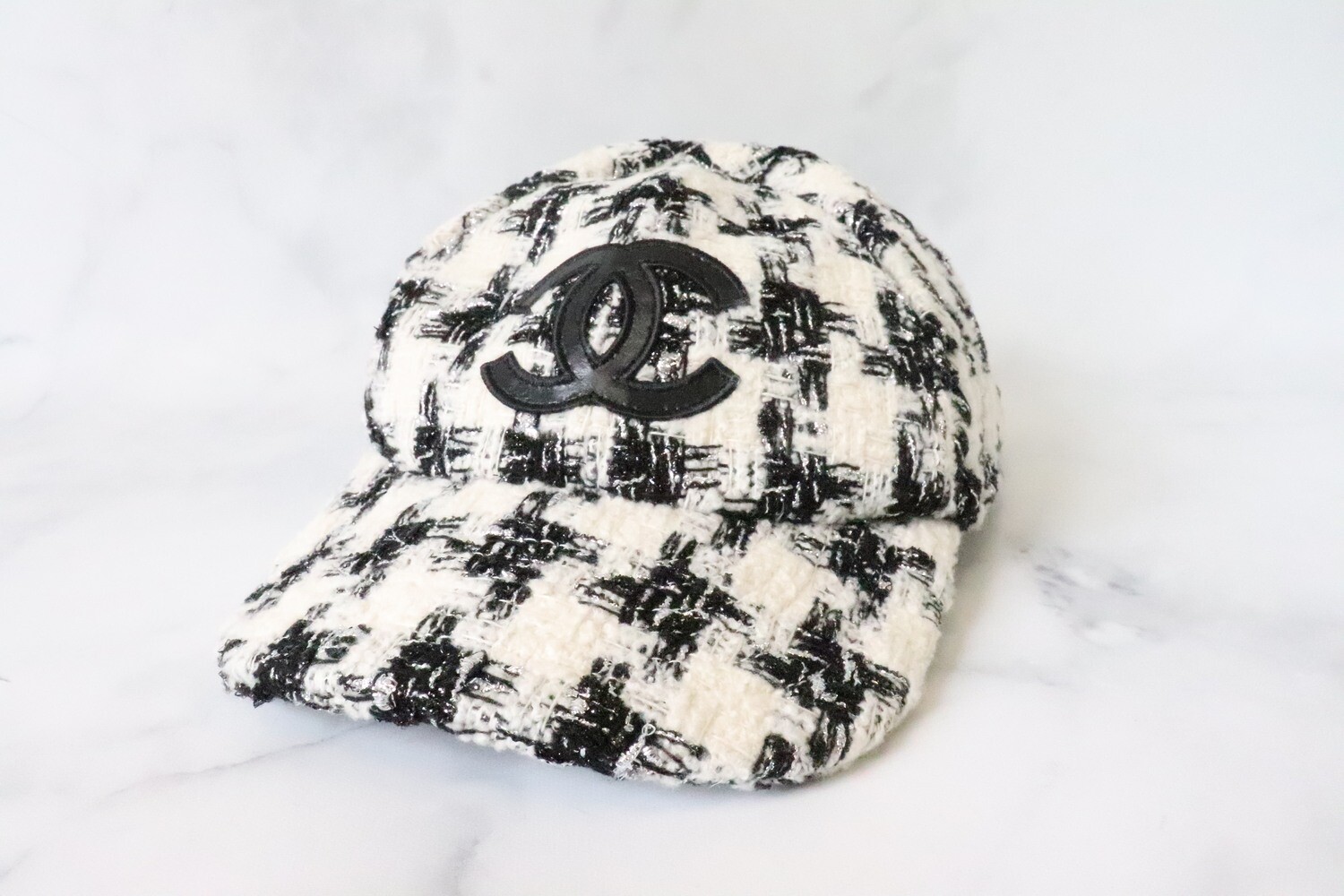 Chanel Hat Baseball, White Tweed with Black CC, New - No Dustbag