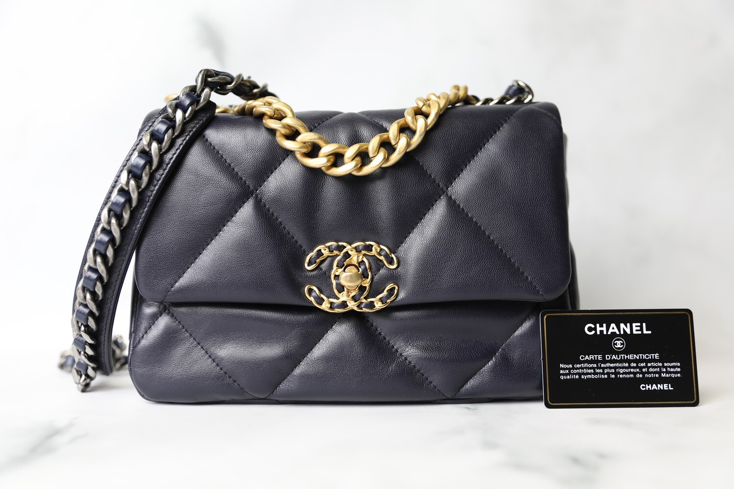 Chanel 19 Classic, Navy Goatskin, New in Box WA001