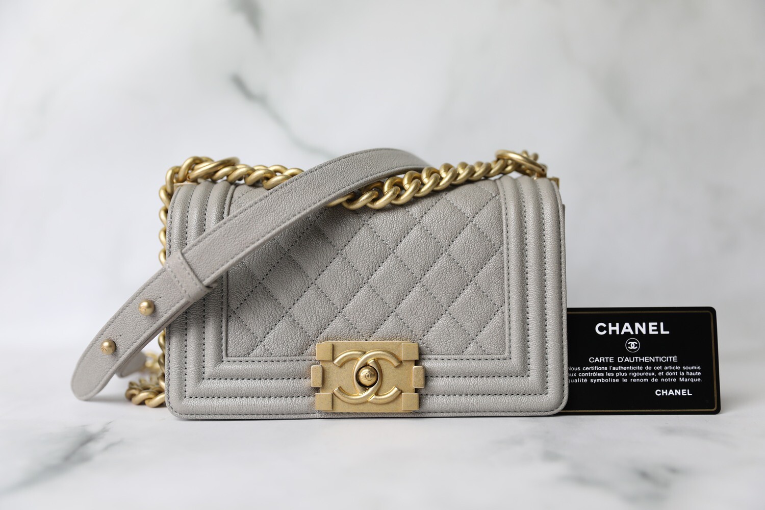 Chanel Boy Small, Grey Caviar with Gold Hardware, Preowned in Box WA001